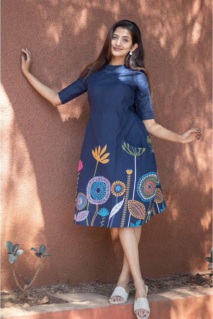 Blue Printed High neck Cotton Dress