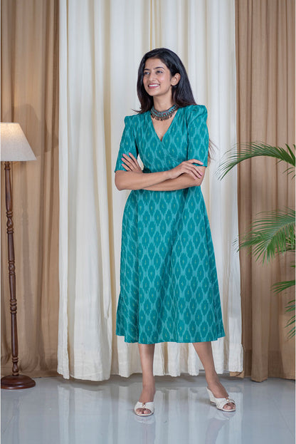 Ikhat Green Achkan Style Cotton Pocket Dress