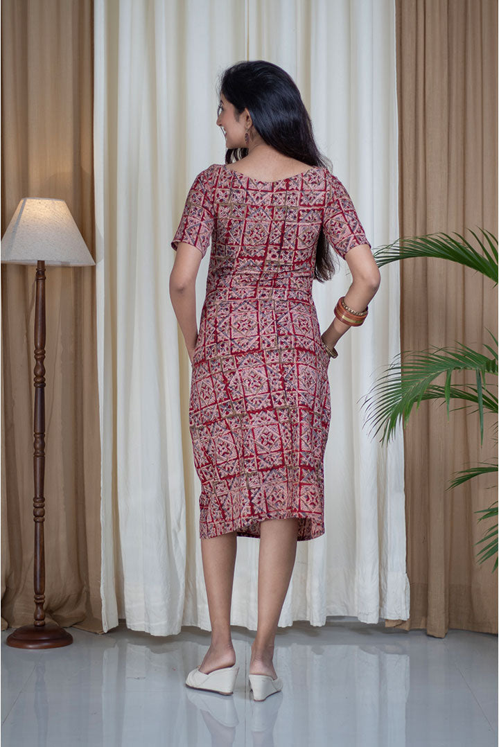 Kalamkari hand Block Printed Boat Neck Cotton Dress