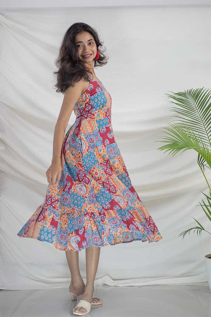 Frill Spagetti Patch work Print Maxi Dress