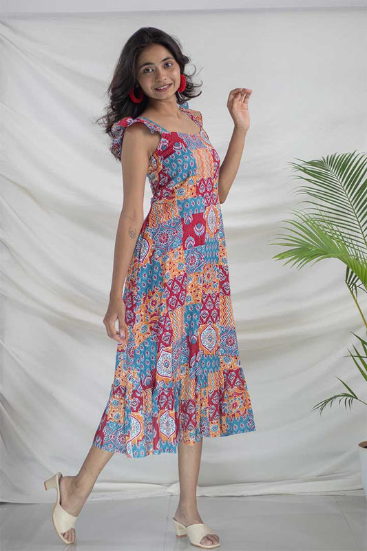 Frill Spagetti Patch work Print Maxi Dress