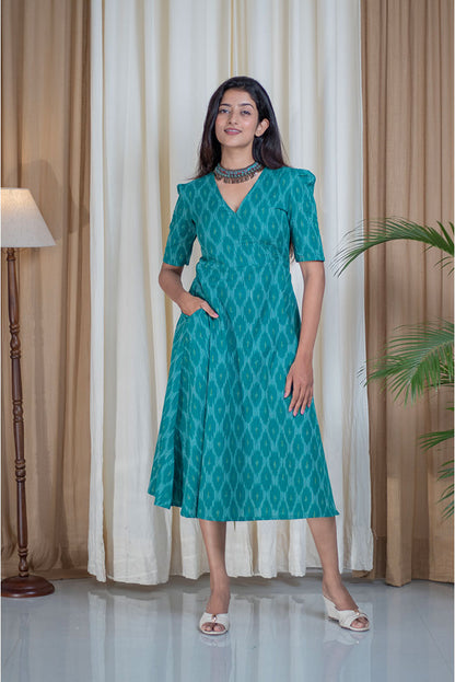 Ikhat Green Achkan Style Cotton Pocket Dress