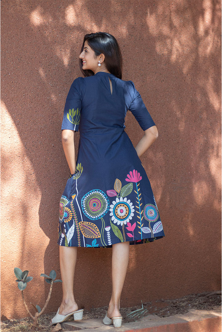 Blue Printed High neck Cotton Dress