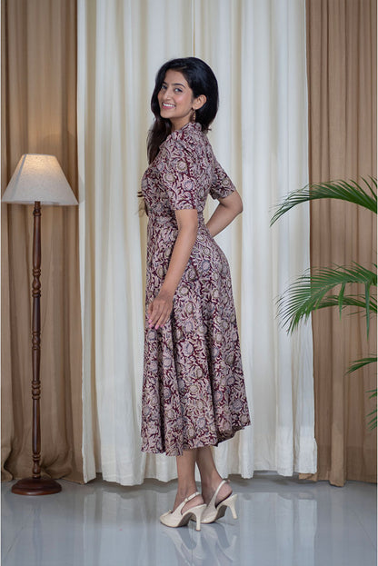 Kalamkari Hand Printed V-Neck Collar Cotton Dress