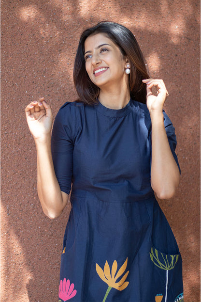 Blue Printed High neck Cotton Dress