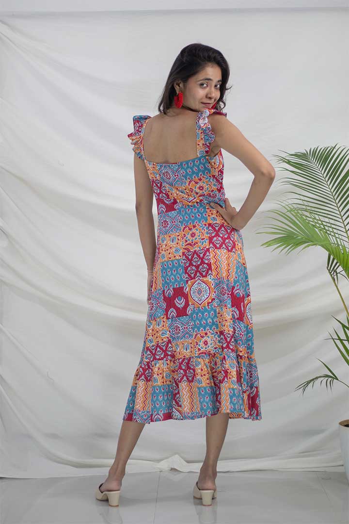 Frill Spagetti Patch work Print Maxi Dress