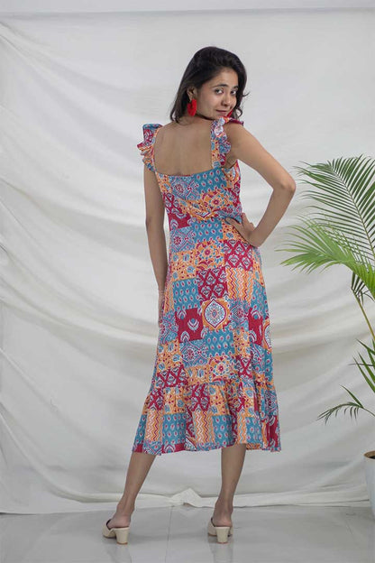 Frill Spagetti Patch work Print Maxi Dress