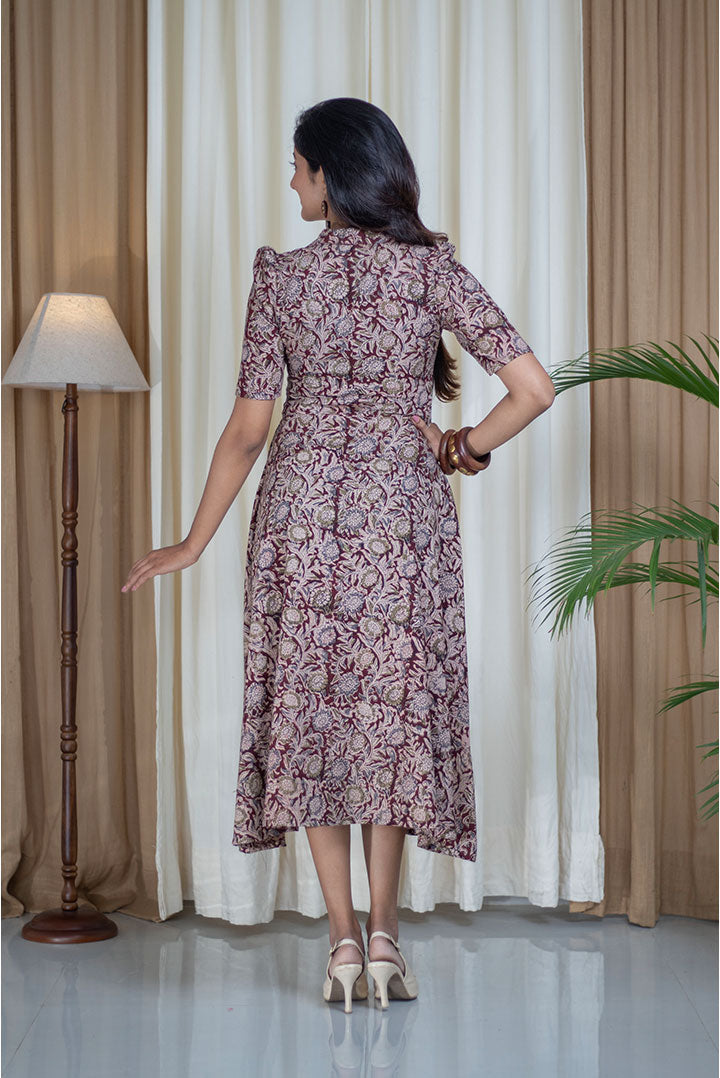 Kalamkari Hand Printed V-Neck Collar Cotton Dress