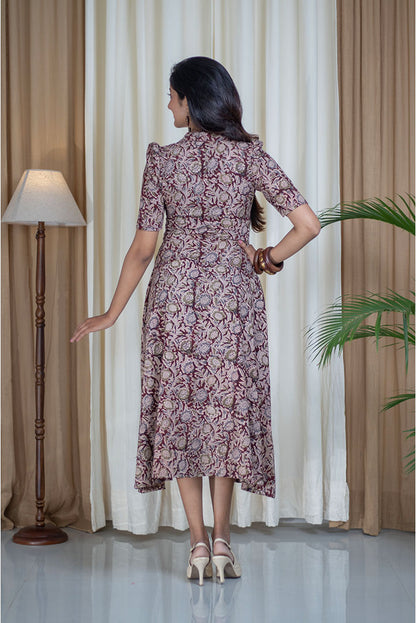 Kalamkari Hand Printed V-Neck Collar Cotton Dress