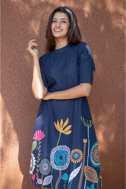Blue Printed High neck Cotton Dress