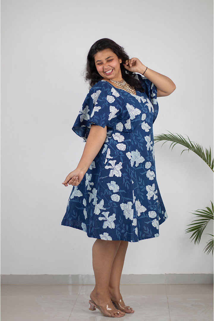 Plus Indigo Floral Butterfly Cotton Dress