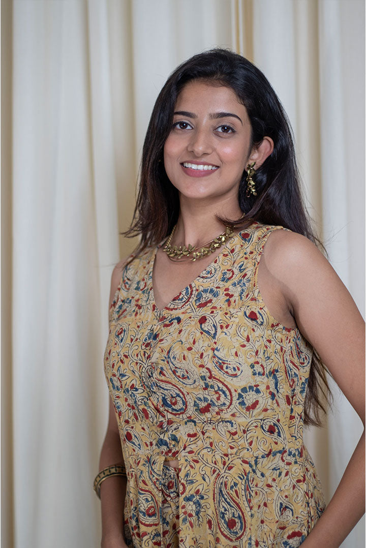Kalamkari Hand Printed Cape Style v neck Cotton Cord Set