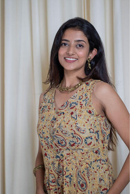 Kalamkari Hand Printed Cape Style v neck Cotton Cord Set