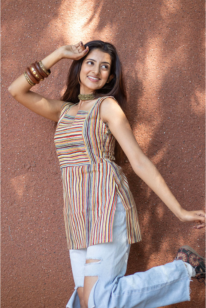 Cotton Top square neck with multi colour lines print