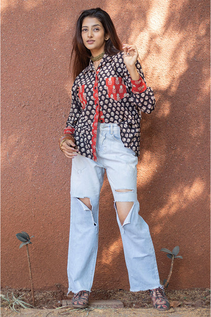 Black Floral Block printed Cotton Shirt