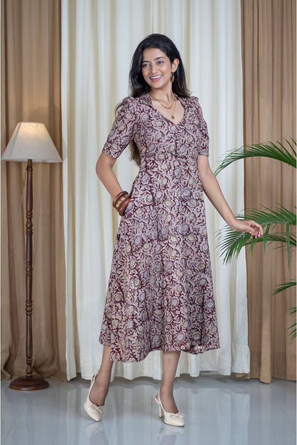 Kalamkari Hand Printed V-Neck Collar Cotton Dress