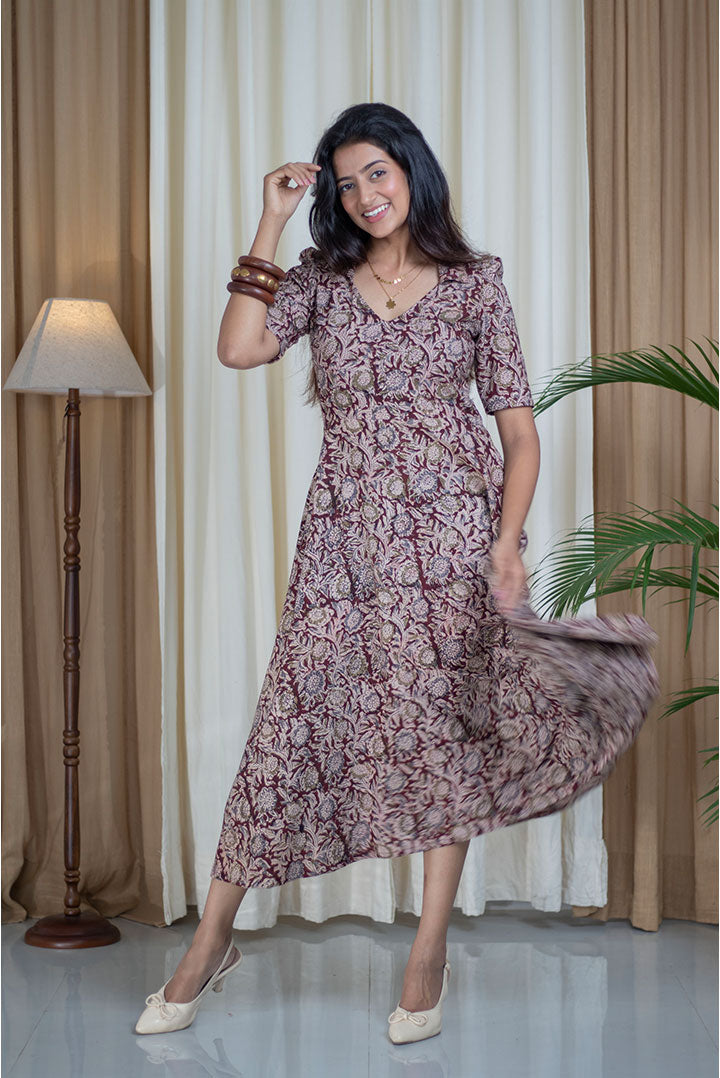 Kalamkari Hand Printed V-Neck Collar Cotton Dress
