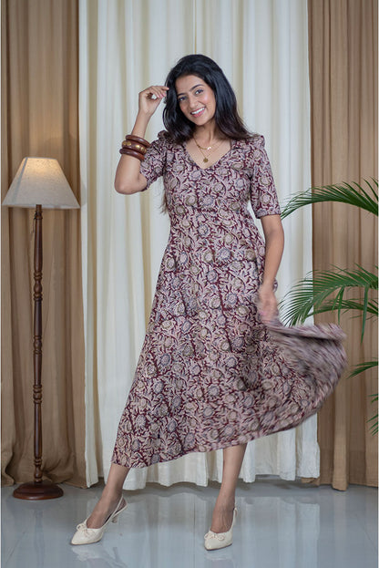 Kalamkari Hand Printed V-Neck Collar Cotton Dress