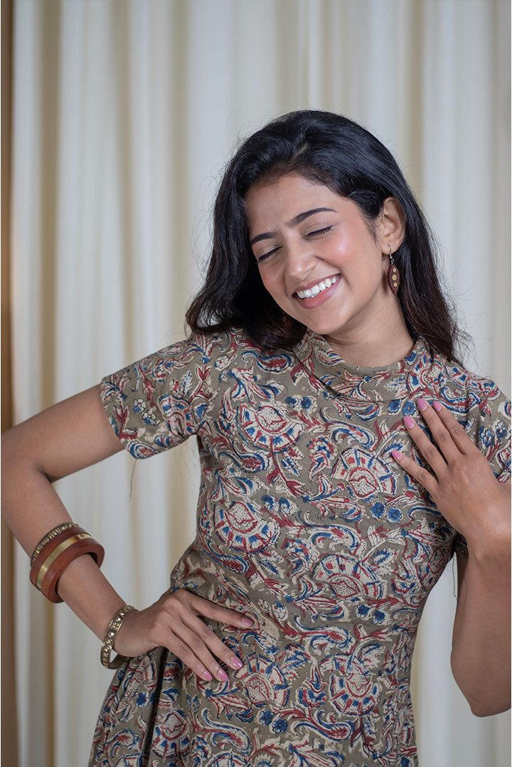 Kalamakri Hand Printed Polo Neck Cotton Dress