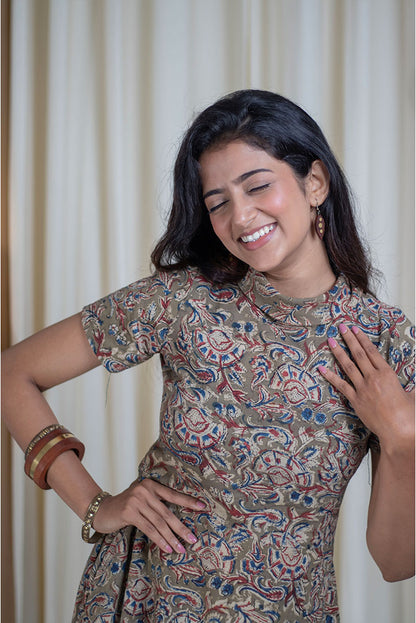 Kalamakri Hand Printed Polo Neck Cotton Dress