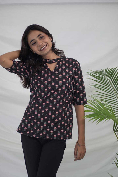 Black Floral Cotton Top