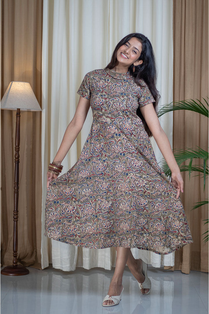 Kalamakri Hand Printed Polo Neck Cotton Dress