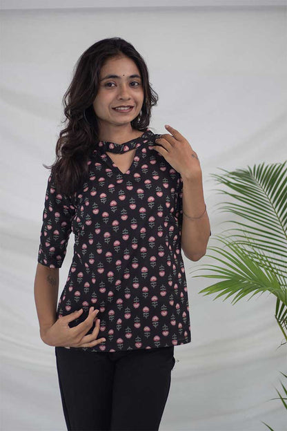 Black Floral Cotton Top