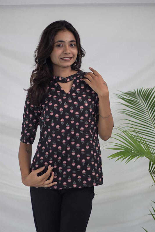 Black Floral Cotton Top