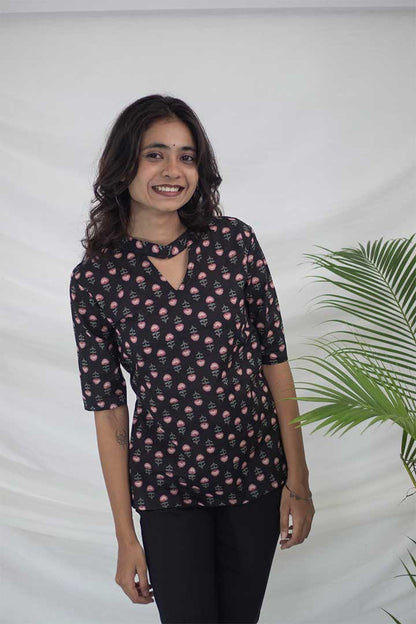 Black Floral Cotton Top