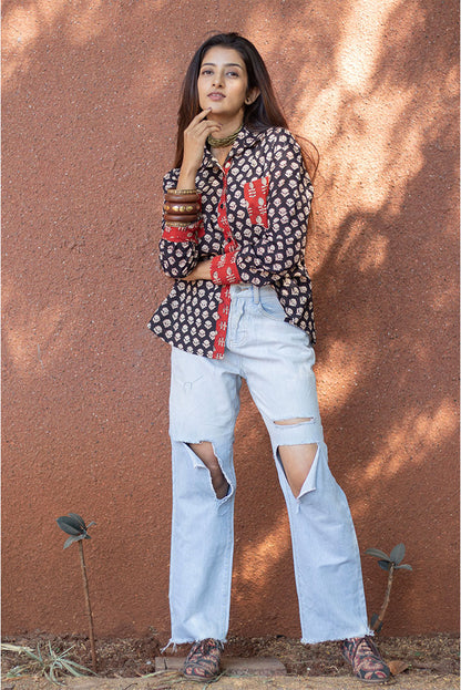 Black Floral Block printed Cotton Shirt