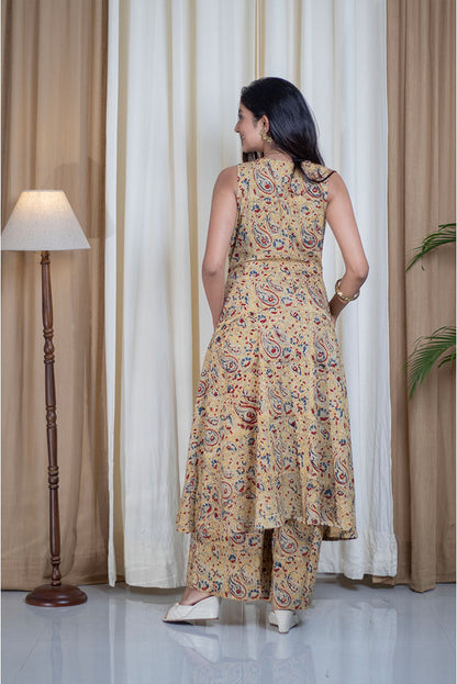 Kalamkari Hand Printed Cape Style v neck Cotton Cord Set