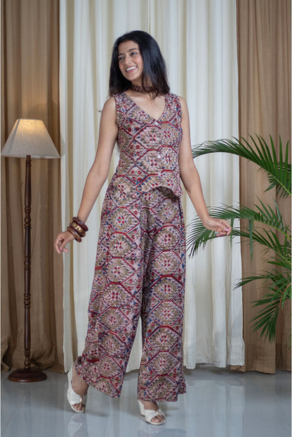 Kalamkari Block Printed Vest Style Cotton Cord Set