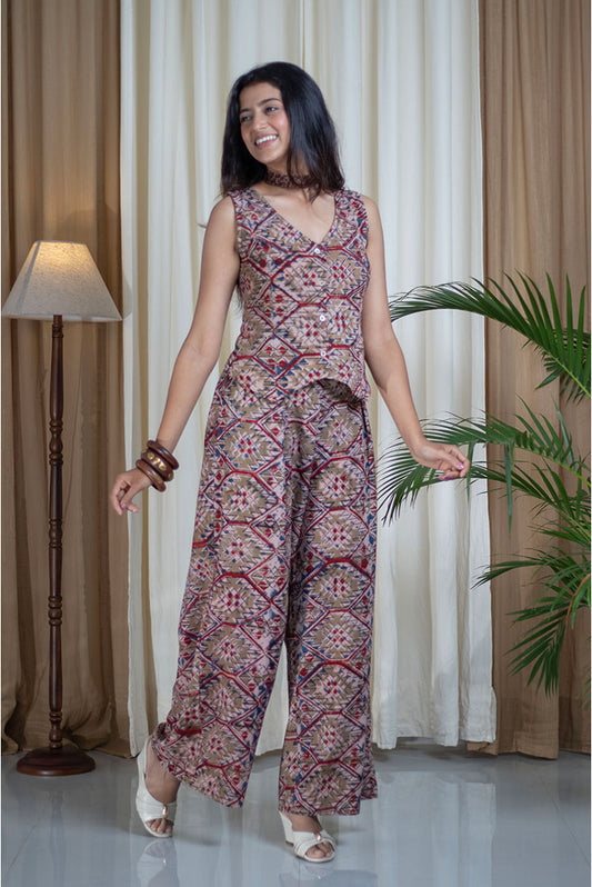 Kalamkari Block Printed Vest Style Cotton Cord Set