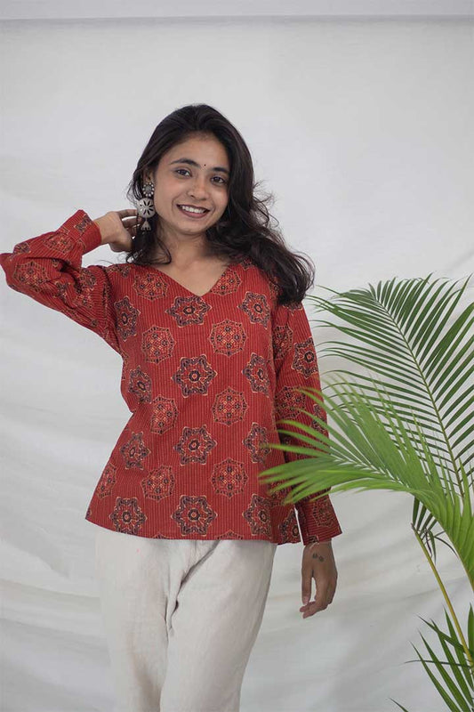 Brick Red Kantha work V-Neck Top