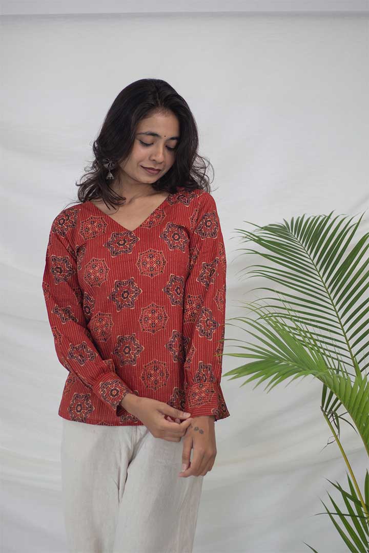 Brick Red Kantha work V-Neck Top
