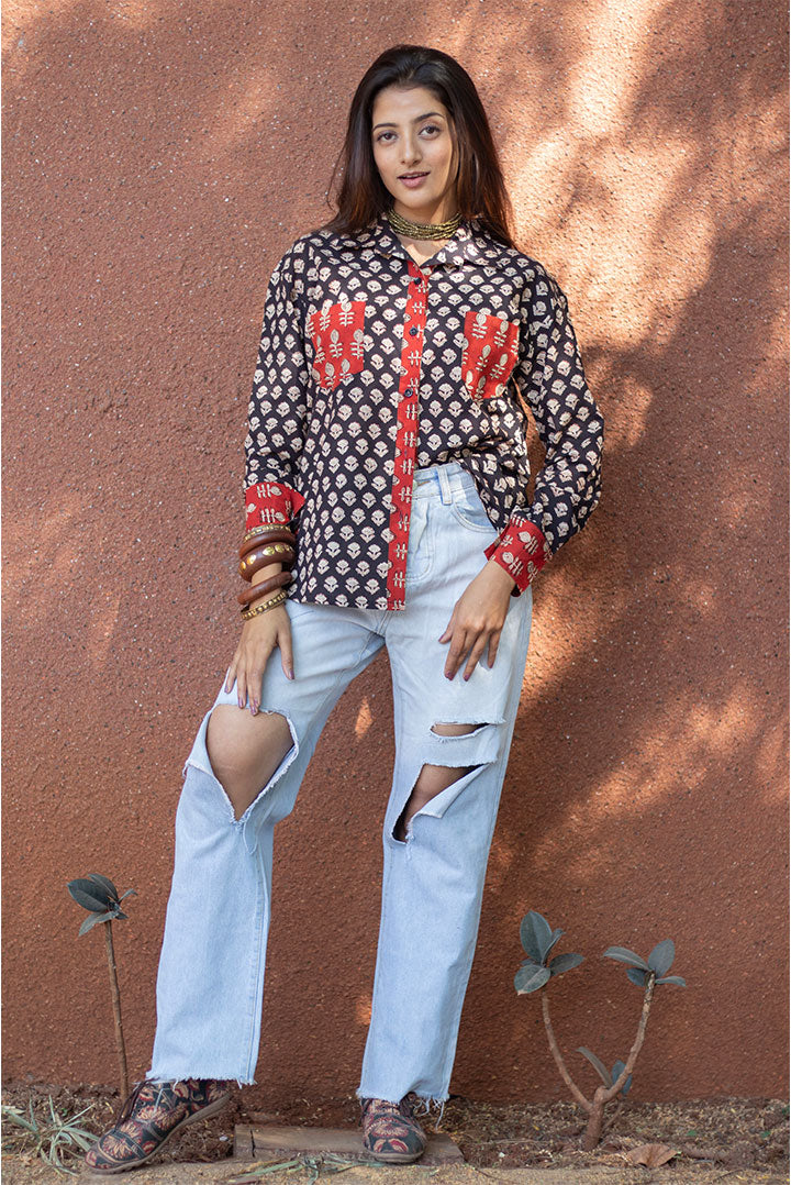 Black Floral Block printed Cotton Shirt