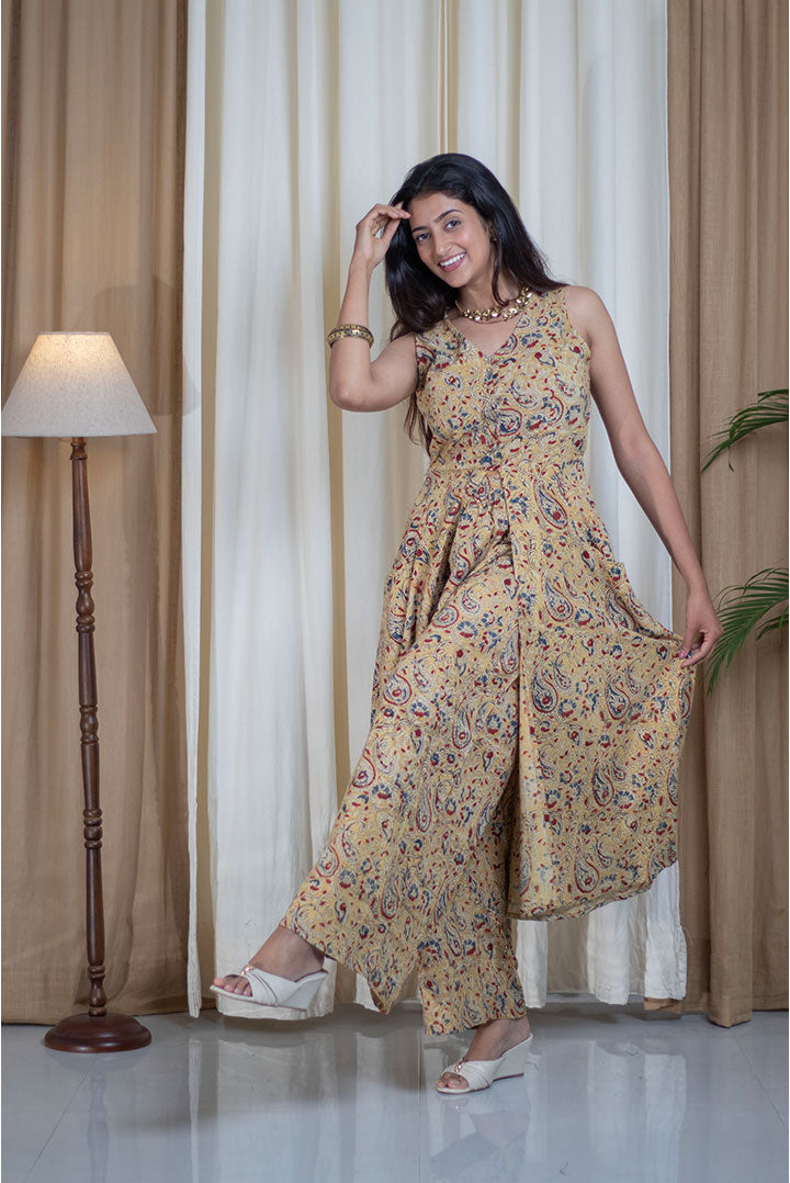 Kalamkari Hand Printed Cape Style v neck Cotton Cord Set