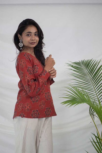 Brick Red Kantha work V-Neck Top