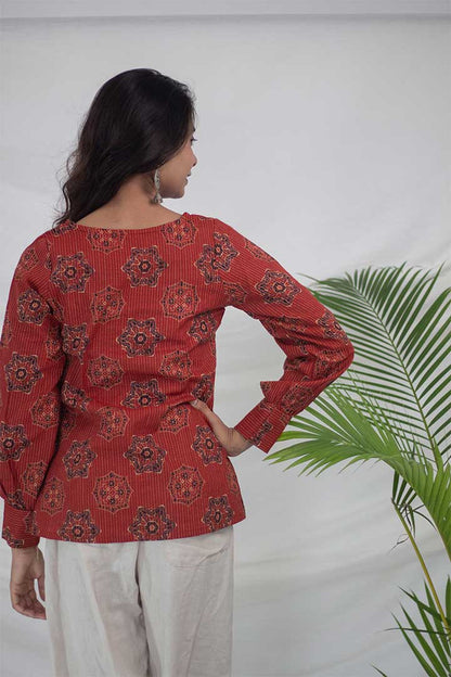 Brick Red Kantha work V-Neck Top