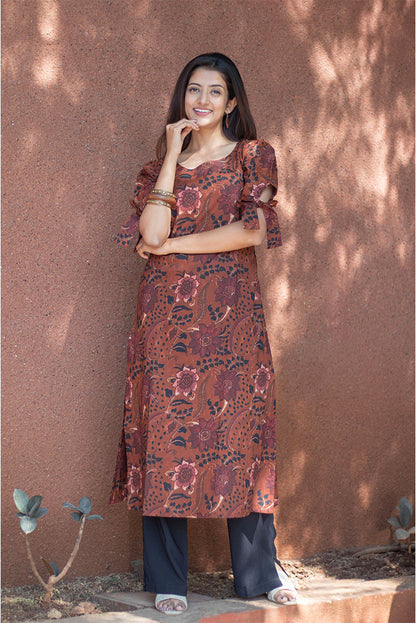 Cotton Kurti Brown Floral Print Sleeves Tie