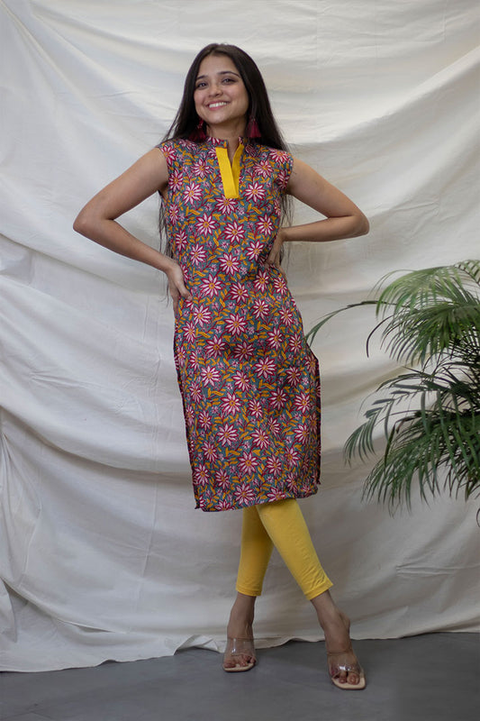 Floral Yellow Placket Kurti