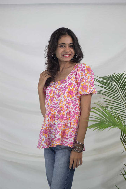 Pink Floral Gather Cotton top