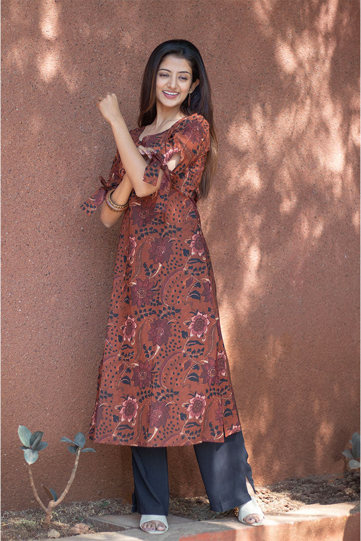 Cotton Kurti Brown Floral Print Sleeves Tie