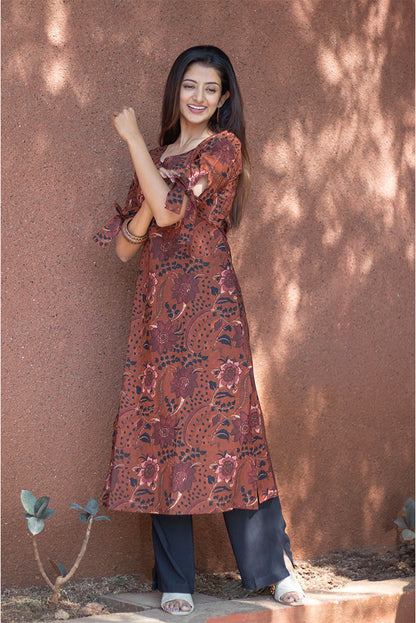 Cotton Kurti Brown Floral Print Sleeves Tie