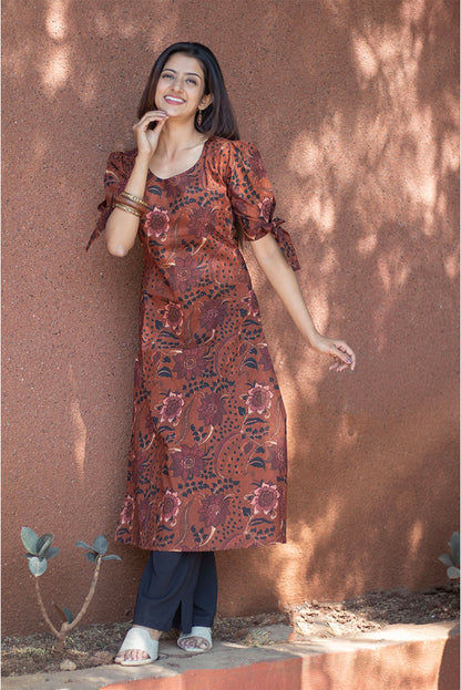 Cotton Kurti Brown Floral Print Sleeves Tie
