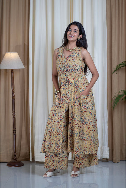 Kalamkari Hand Printed Cape Style v neck Cotton Cord Set