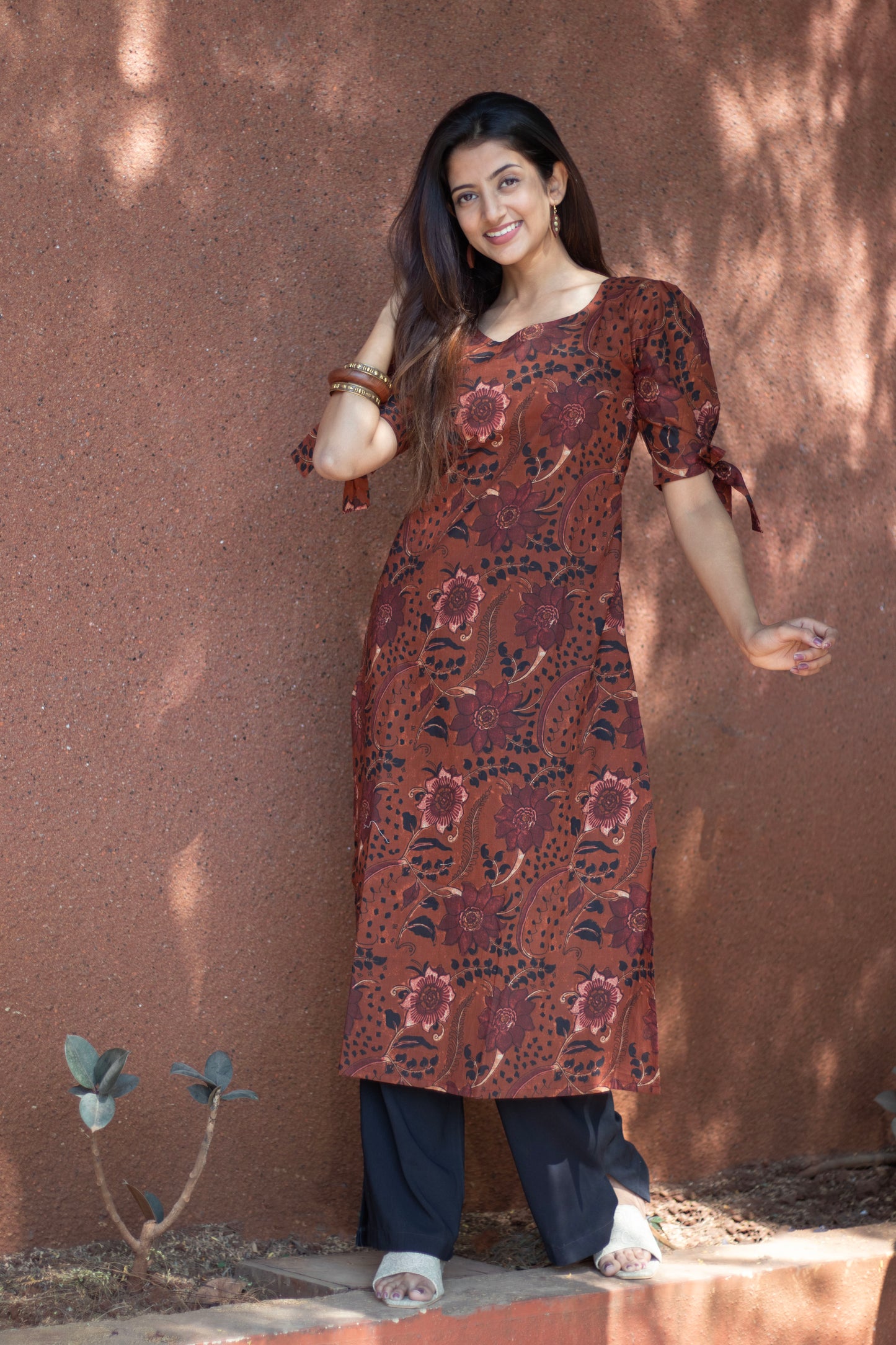 Cotton Kurti Brown Floral Print Sleeves Tie