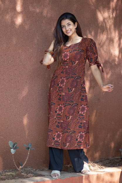 Cotton Kurti Brown Floral Print Sleeves Tie