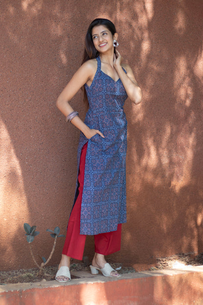 Cotton Kurti Blue halter Neck