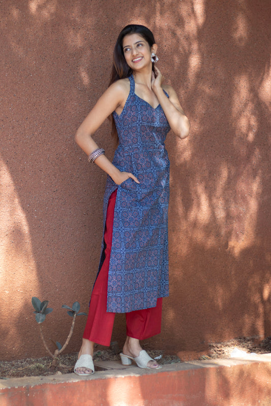 Cotton Kurti Blue halter Neck